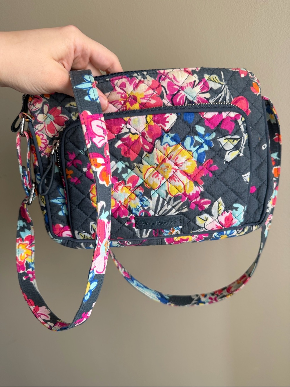Vera Bradley Quilted Floral Crossbody Bag Gray Pink Blue Adjustable Strap